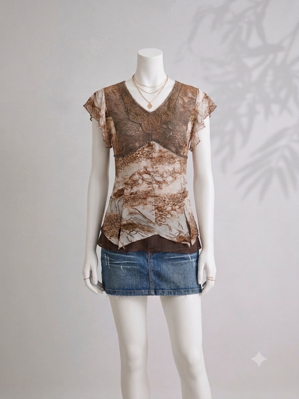 Vtg Y2K Hyukbee Rare Lace Sequin Top Brown Snake Print Babydoll
